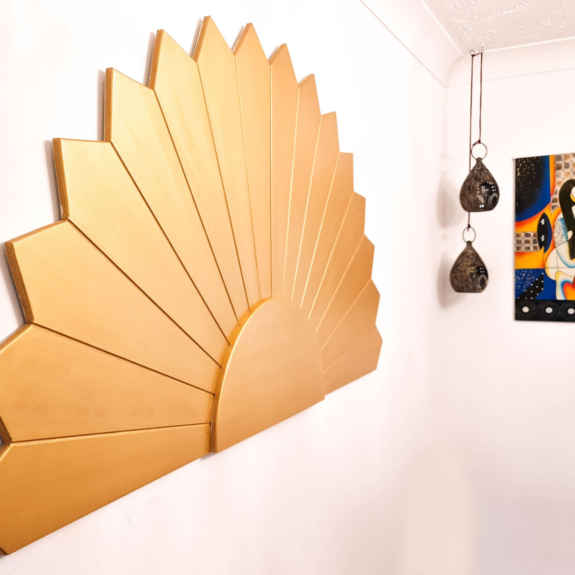 Large Art Deco Gold Panel - Handmade Carved Wooden Wall Art King Queen Headboard