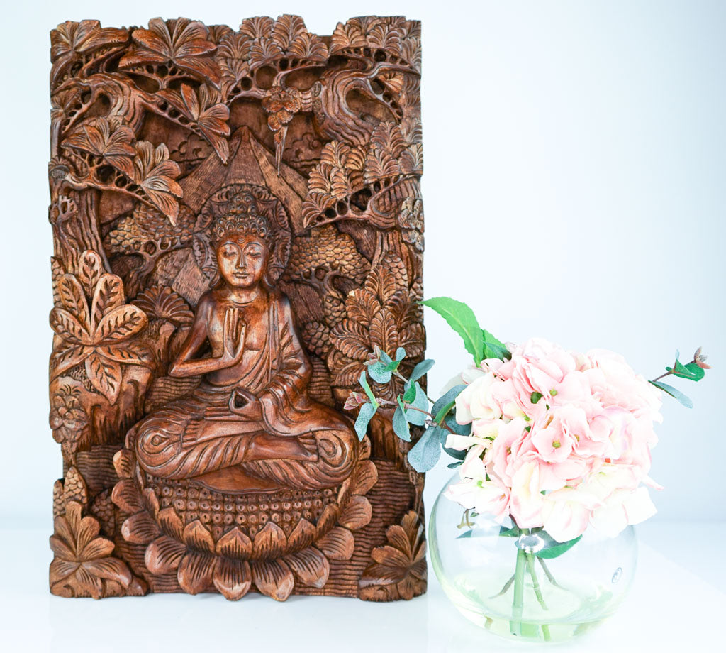 Buddha in Peace Carved Wooden Decorative Panel Sculpture Art