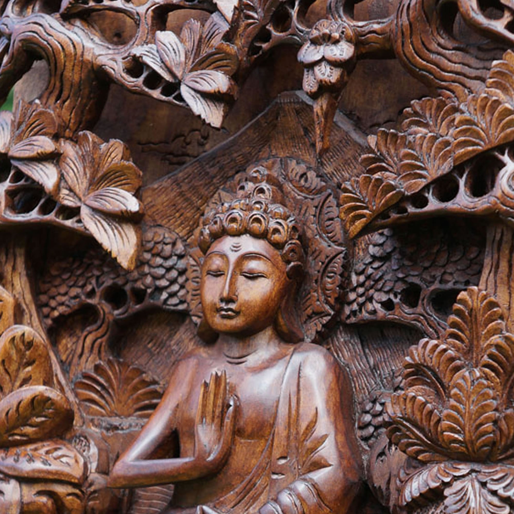 Buddha in Peace Carved Wooden Decorative Panel - Easternada