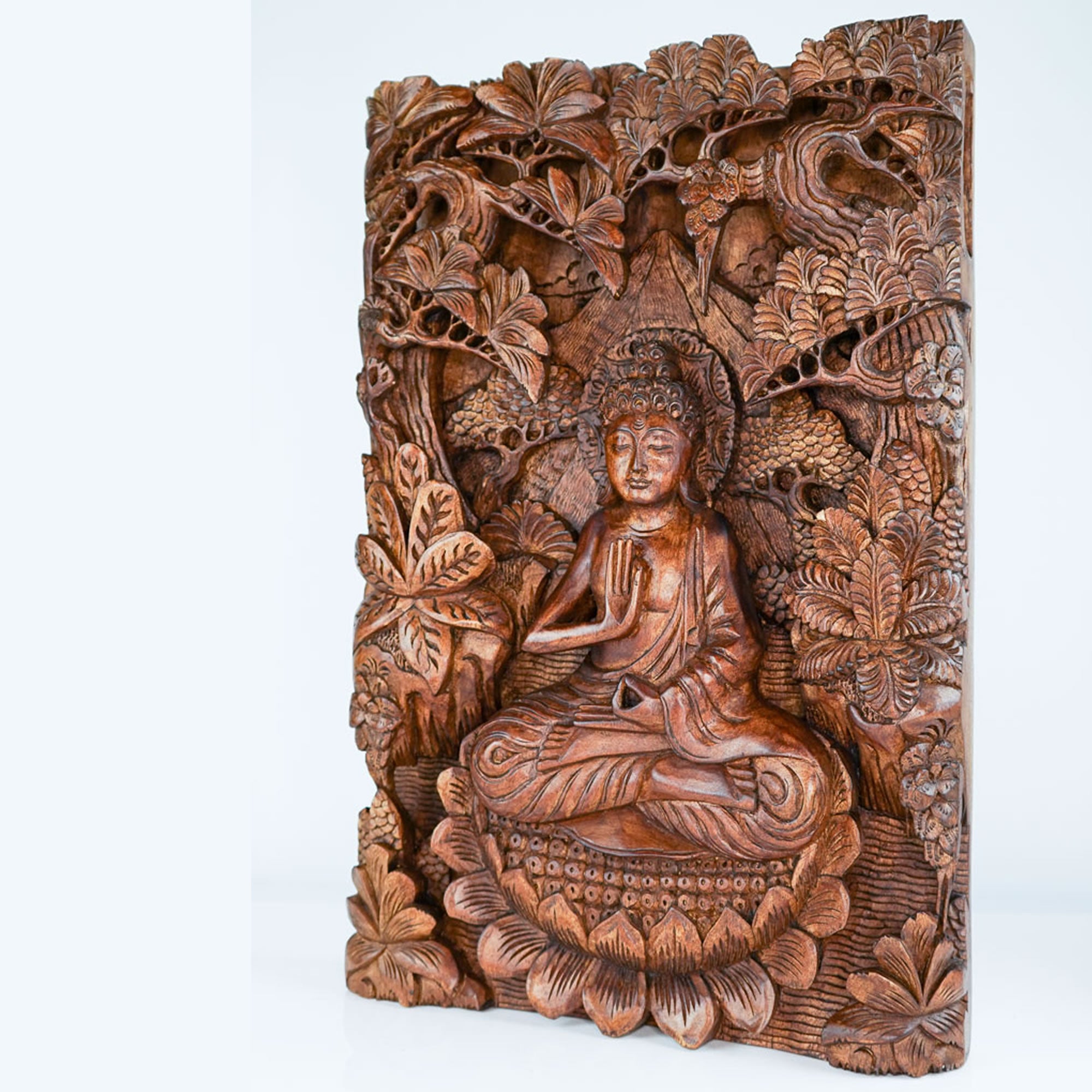 Buddha in Peace Carved Wooden Decorative Panel Sculpture Art