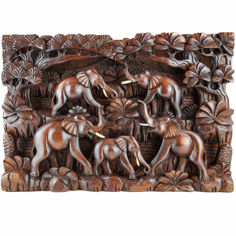 Wild Elephants Carved Wooden Decorative Panel - Easternada