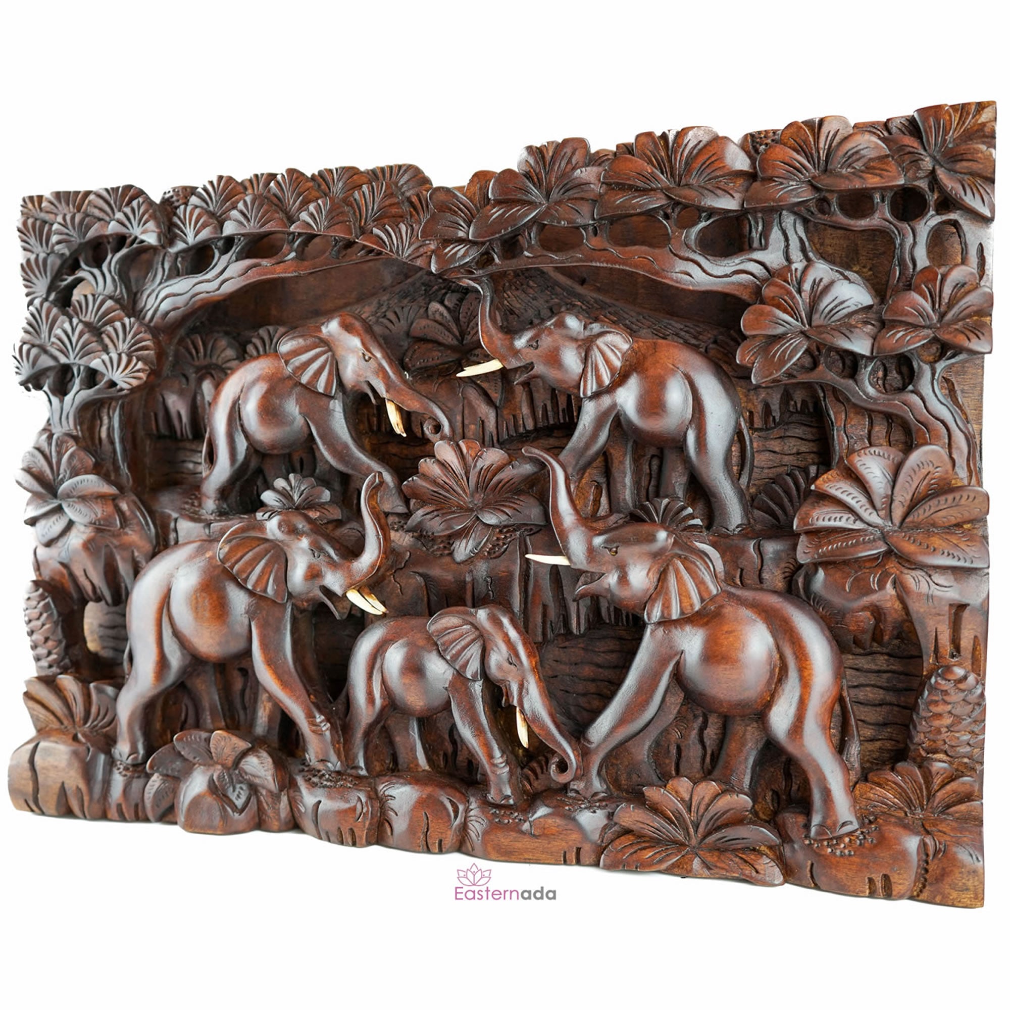 Wild Elephants Carved Wooden Decorative Panel - Easternada