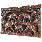 Wild Elephants Carved Wooden Decorative Panel - Easternada