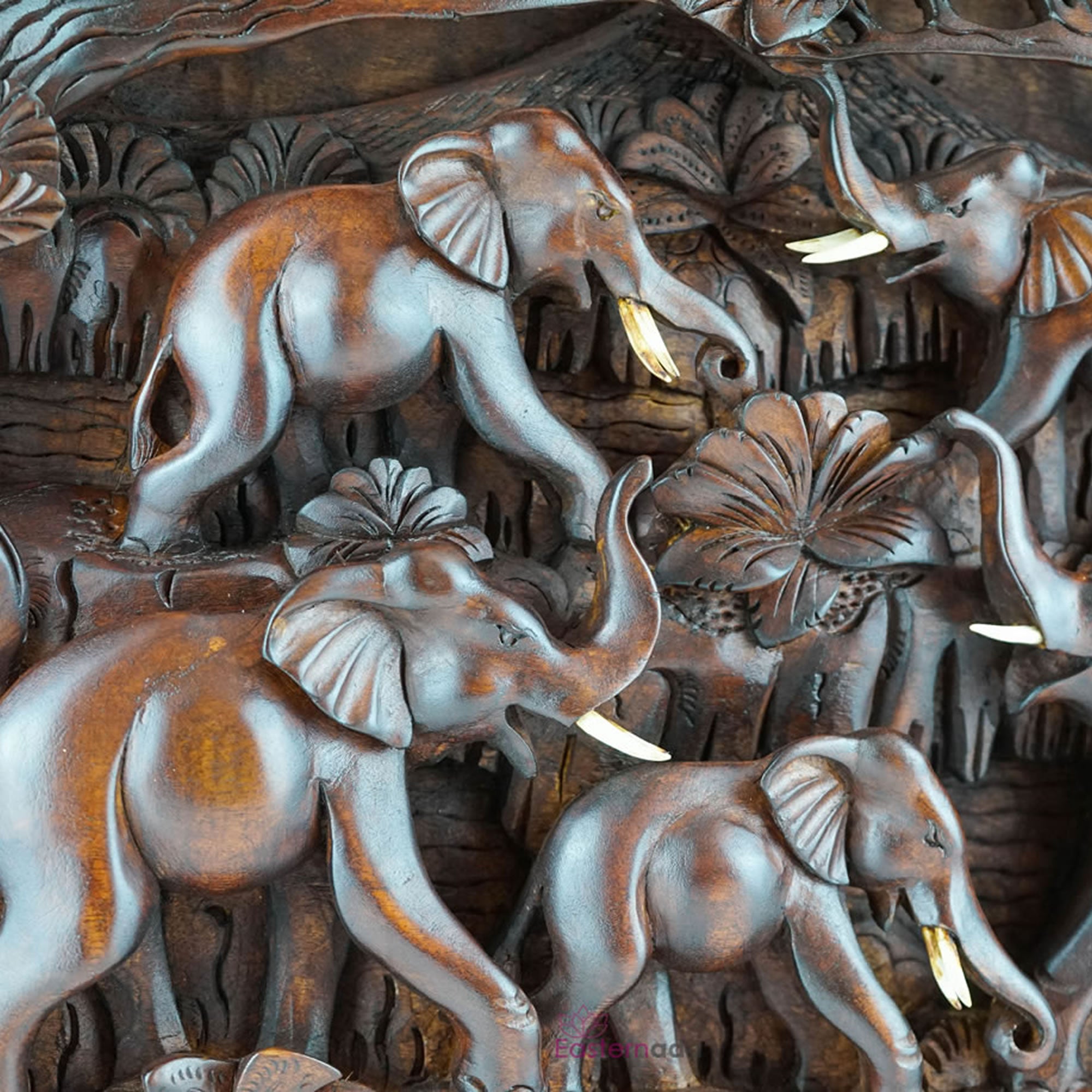Wild Elephants Carved Wooden Decorative Panel - Easternada