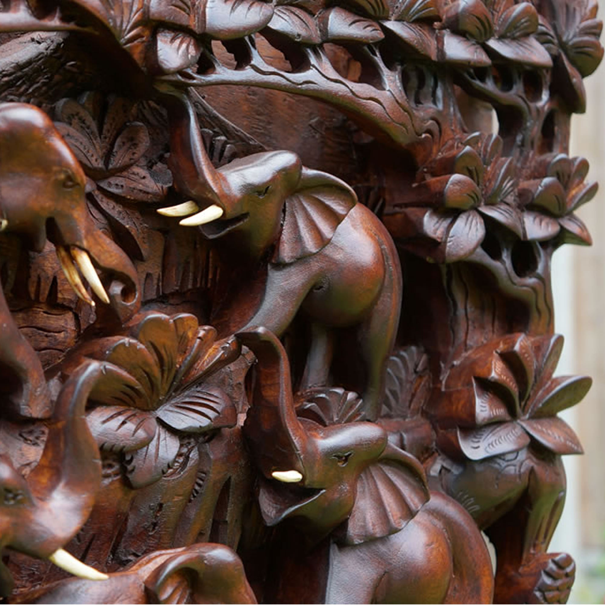 Wild Elephants Carved Wooden Decorative Panel - Easternada