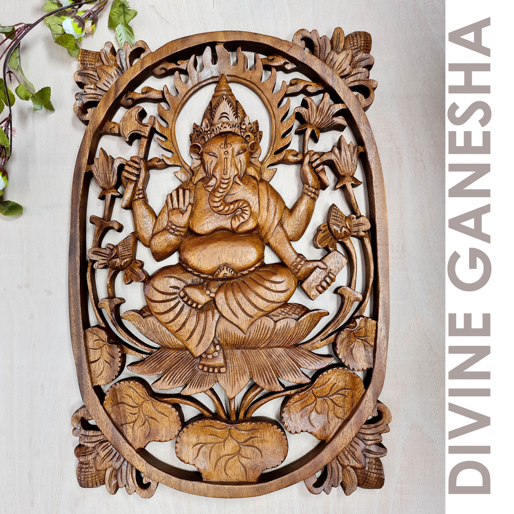 Divine Ganesha Hindu Indian God Wood Carved Panel Art Sculpture Peace Yoga Decor