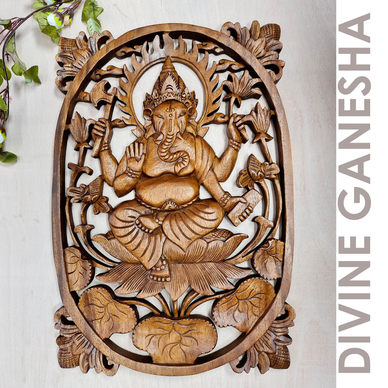 Divine Ganesha Hindu Indian God Wood Carved Panel Art Sculpture Peace Yoga Decor