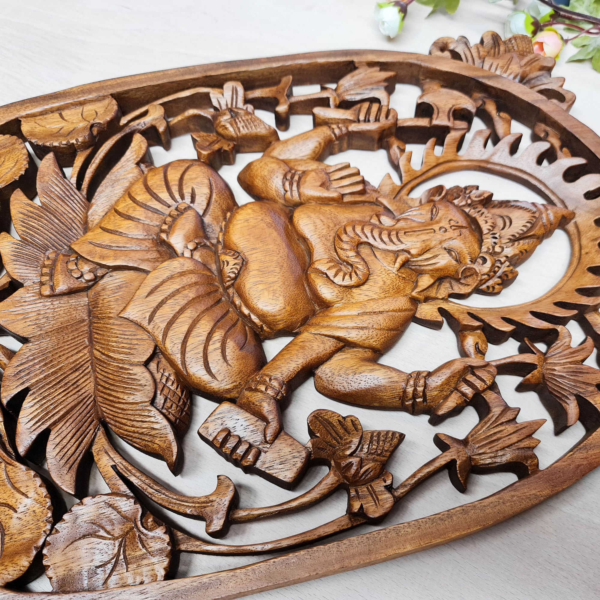 Divine Ganesha Hindu Indian God Wood Carved Panel Art Sculpture Peace Yoga Décor
