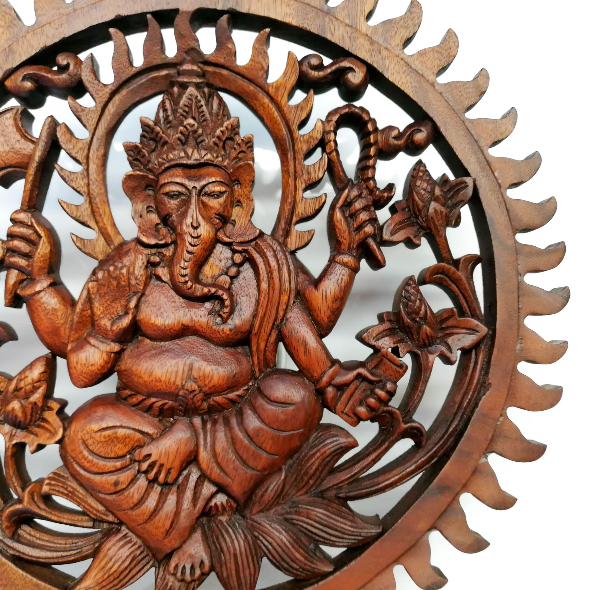 Divine Ganesh Hindu Indian God Wood Hand Carved Panel Art Sculpture -Temple Mandir