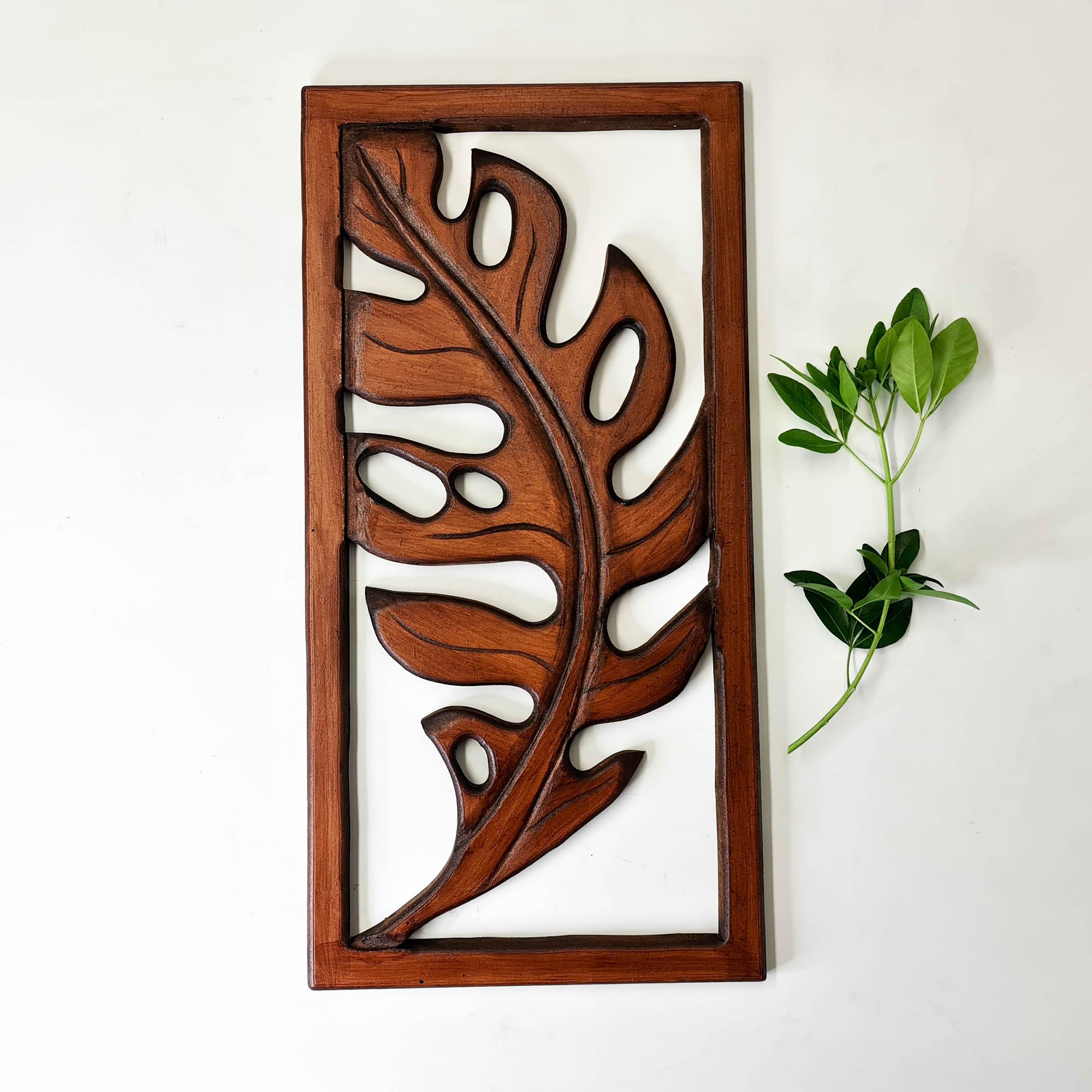 Carved Wooden Decorative Leaves Panel Art Sculpture Walnut Finish
