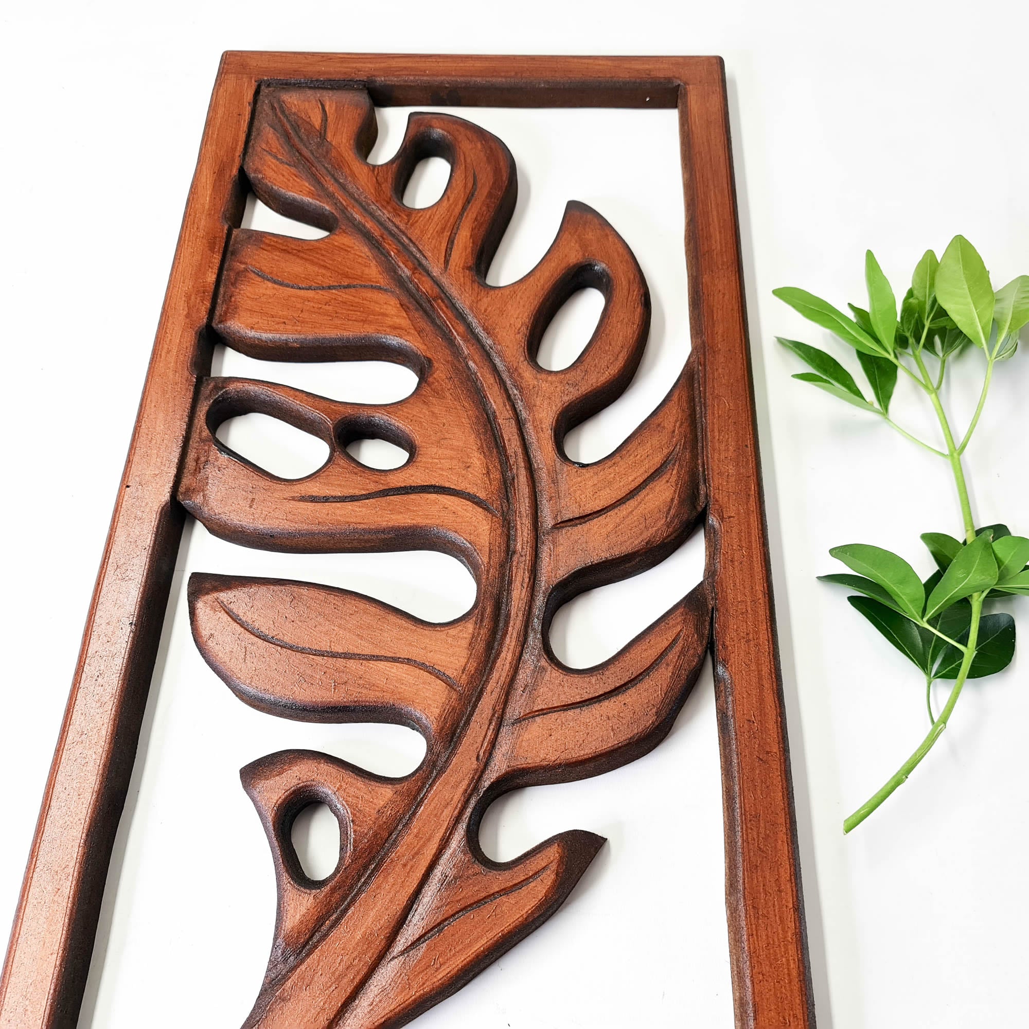 Carved Wooden Decorative Leaves Panel Art Sculpture Walnut Finish