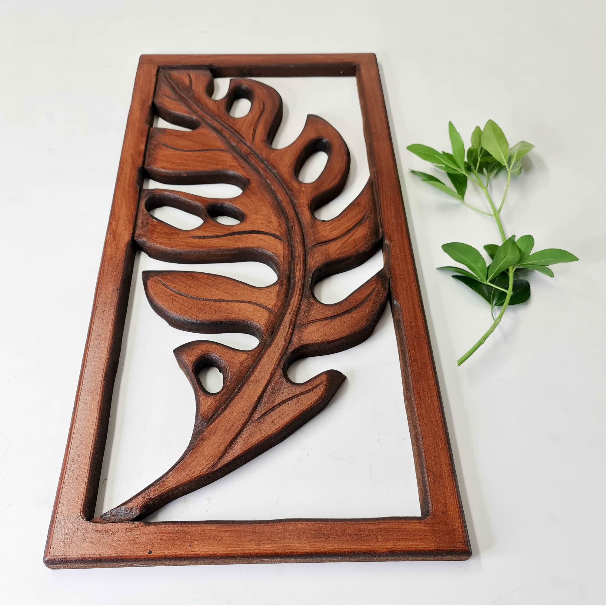 Carved Wooden Decorative Leaves Panel Art Sculpture Walnut Finish