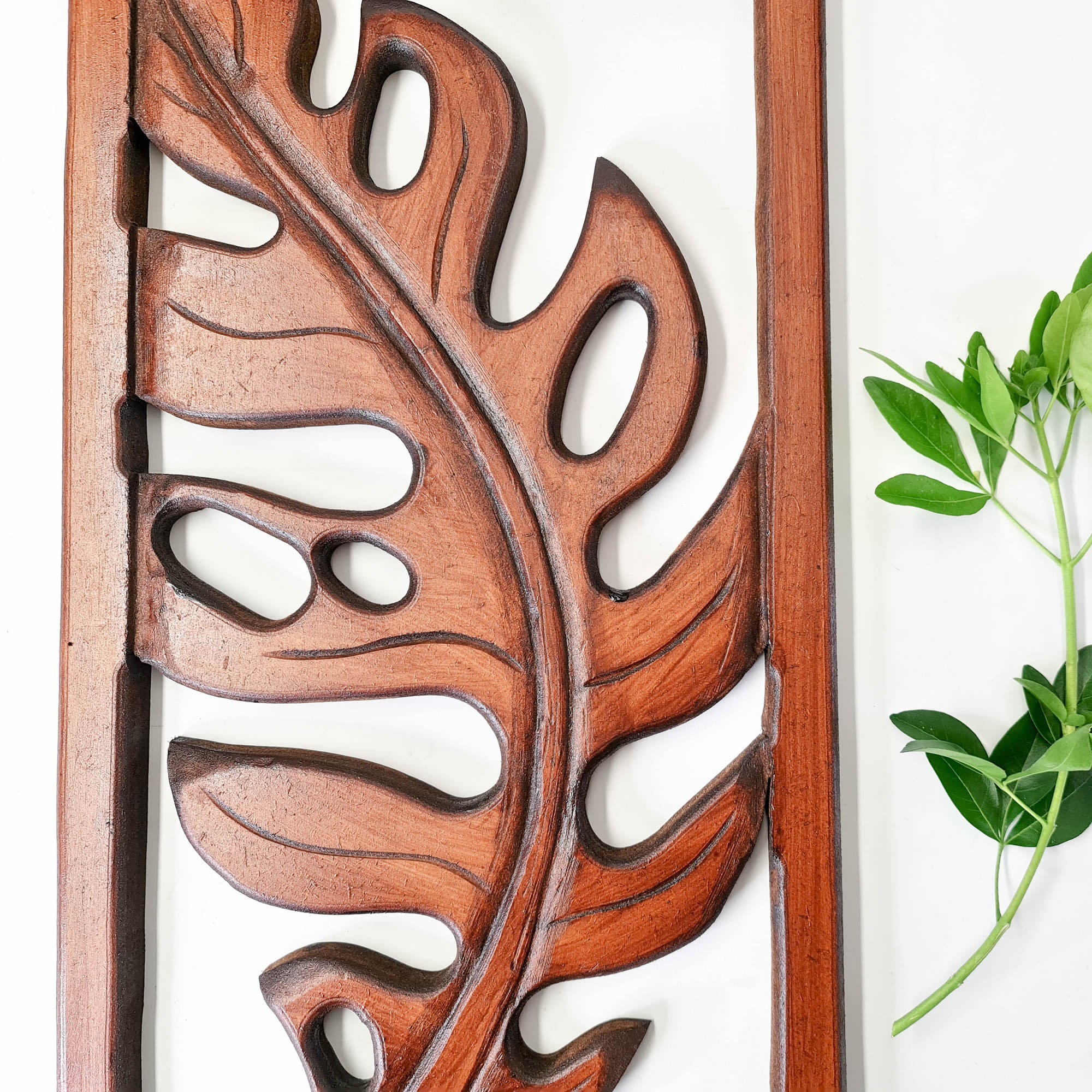 Carved Wooden Decorative Leaves Panel Art Sculpture Walnut Finish