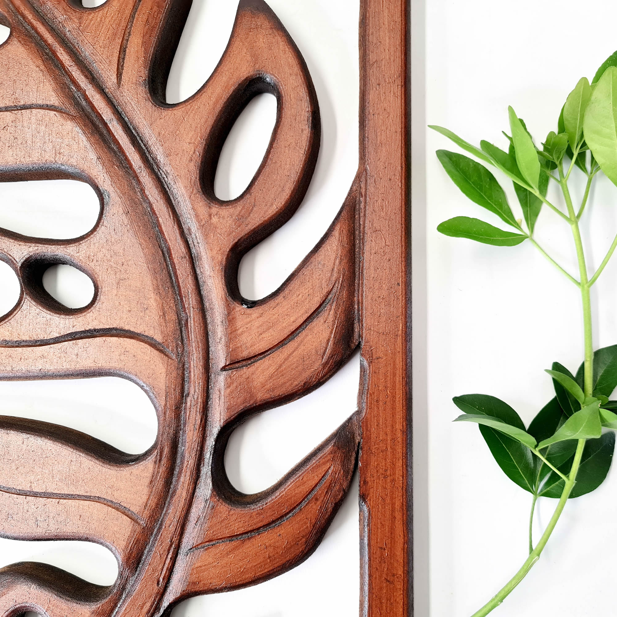 Carved Wooden Decorative Leaves Panel Art Sculpture Walnut Finish