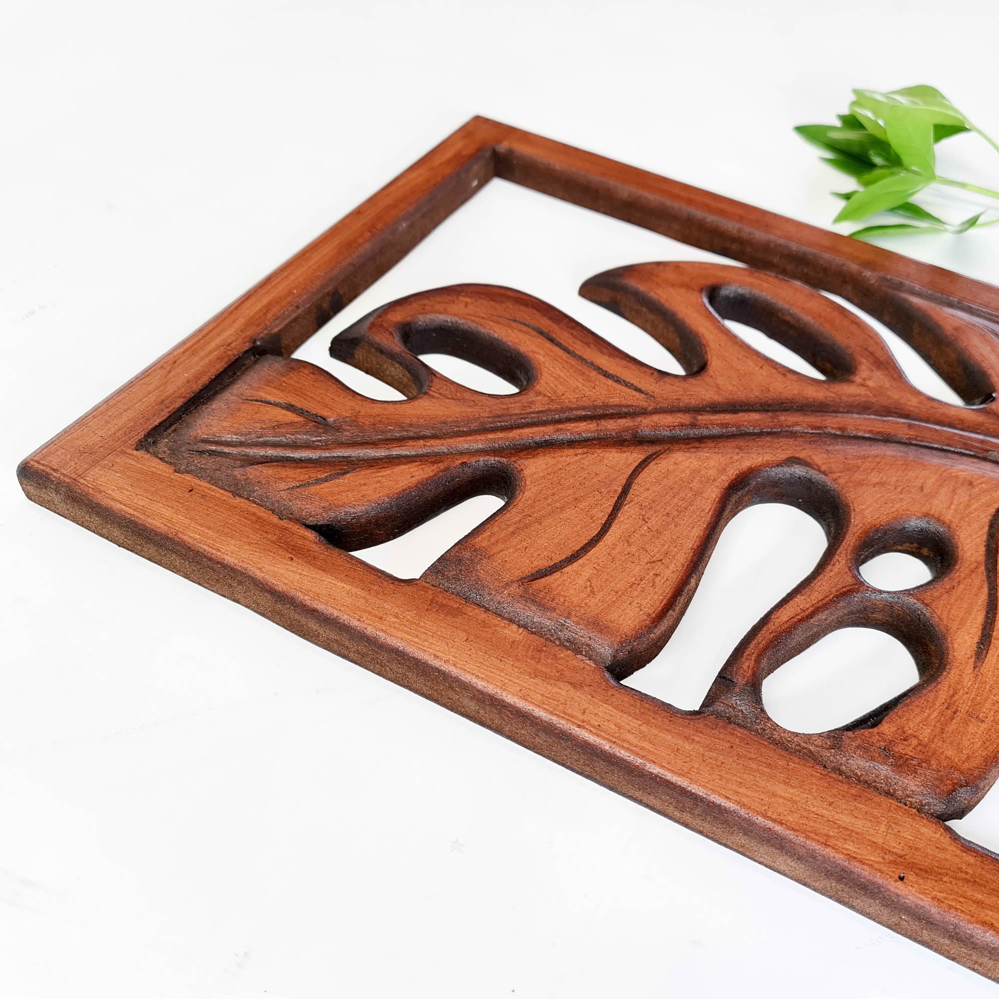 Carved Wooden Decorative Leaves Panel Art Sculpture Walnut Finish