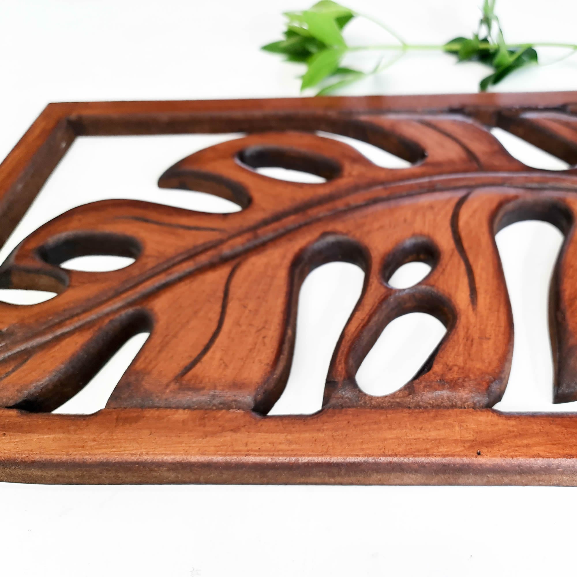 Carved Wooden Decorative Leaves Panel Art Sculpture Walnut Finish