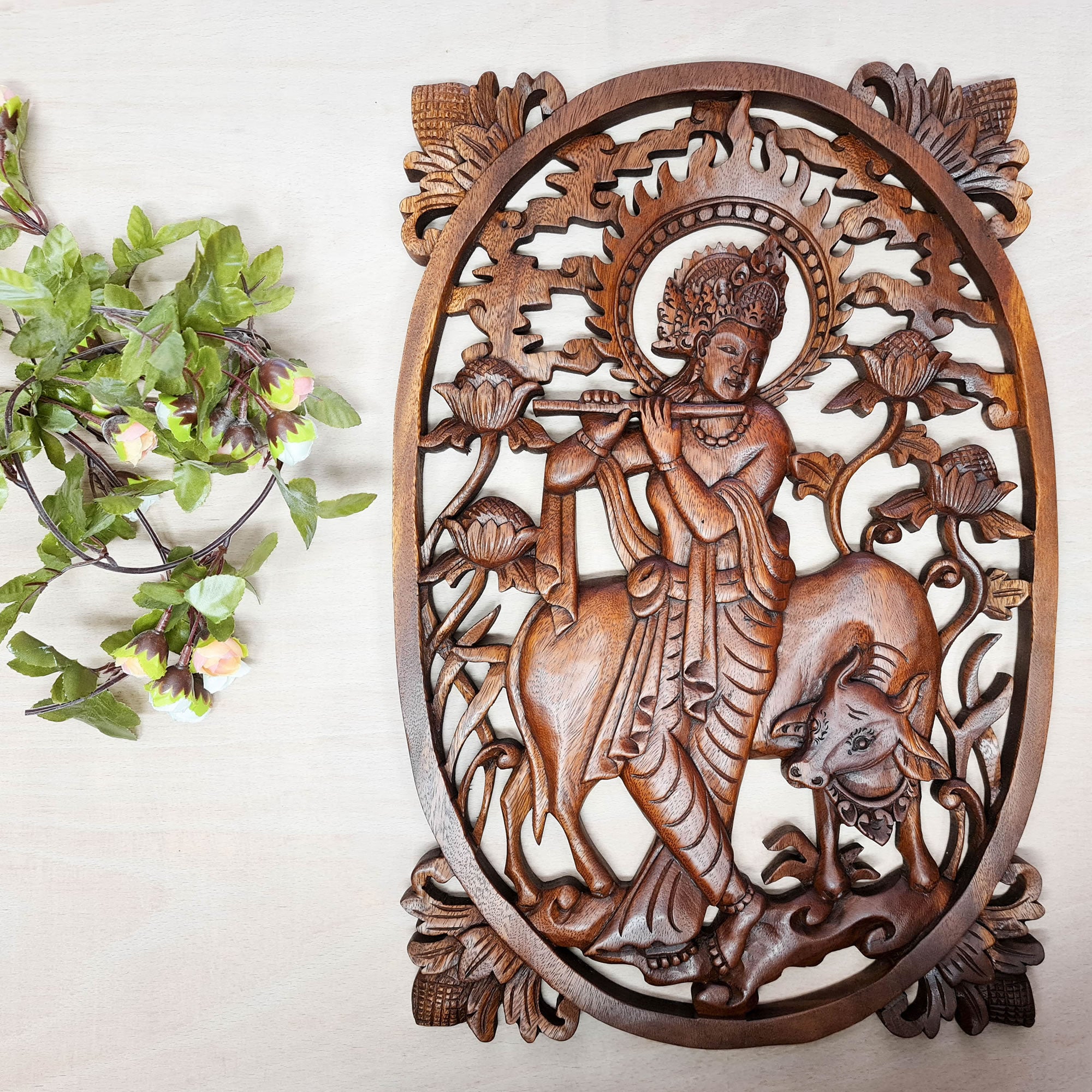 Hare Krishna Vrindavan Hindu Indian God Wood Carved Panel Mandir Pooja Temple Art Sculpture Décor