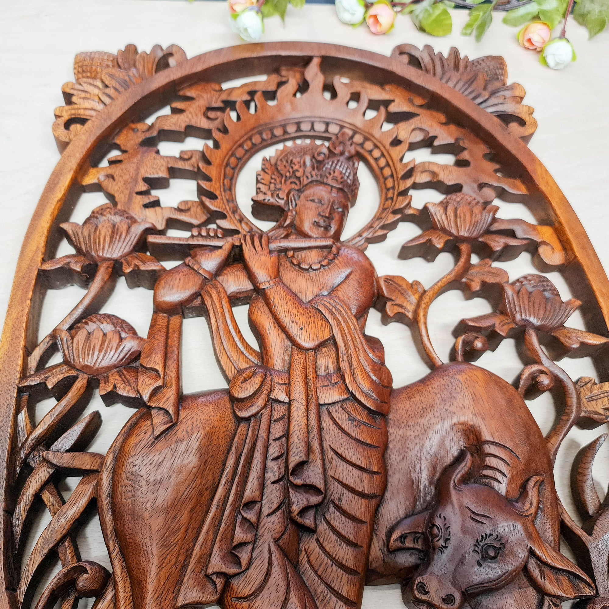 Hare Krishna Vrindavan Hindu Indian God Wood Carved Panel Mandir Pooja Temple Art Sculpture Décor