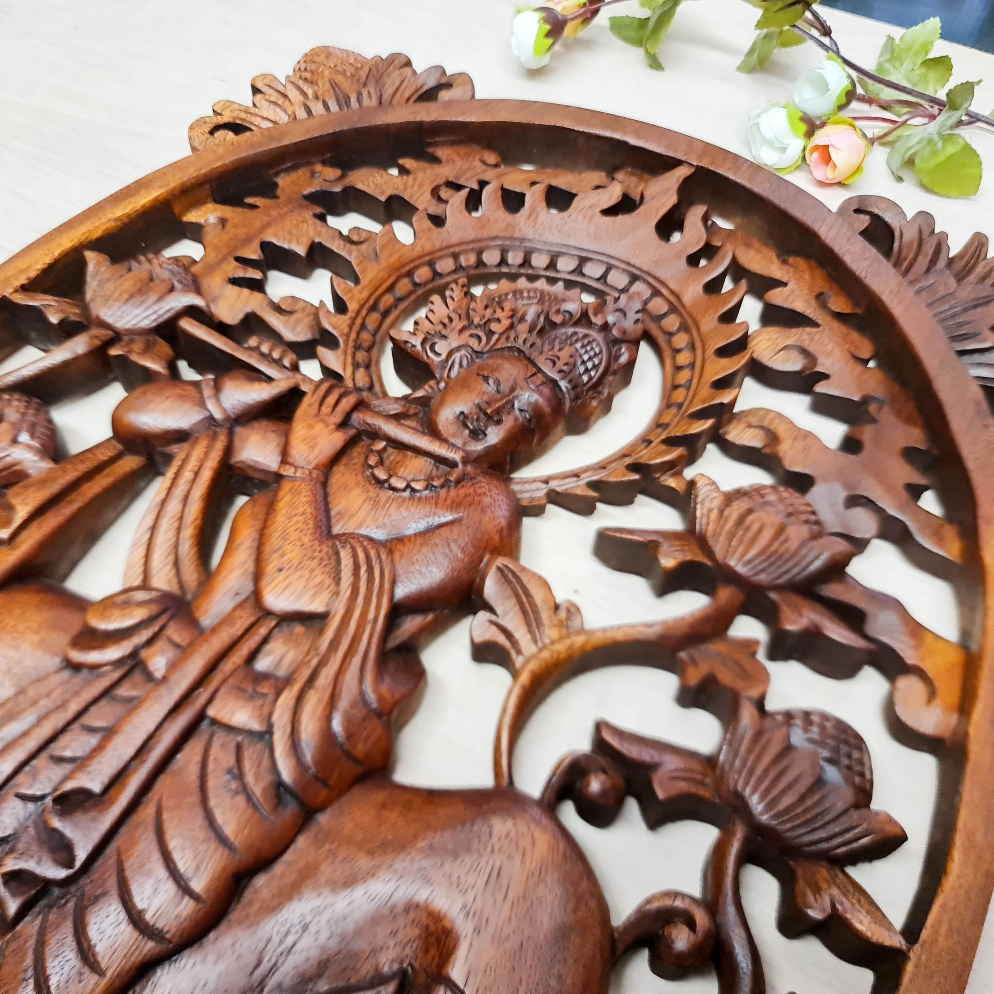 Hare Krishna Vrindavan Hindu Indian God Wood Carved Panel Mandir Pooja Temple Art Sculpture Décor