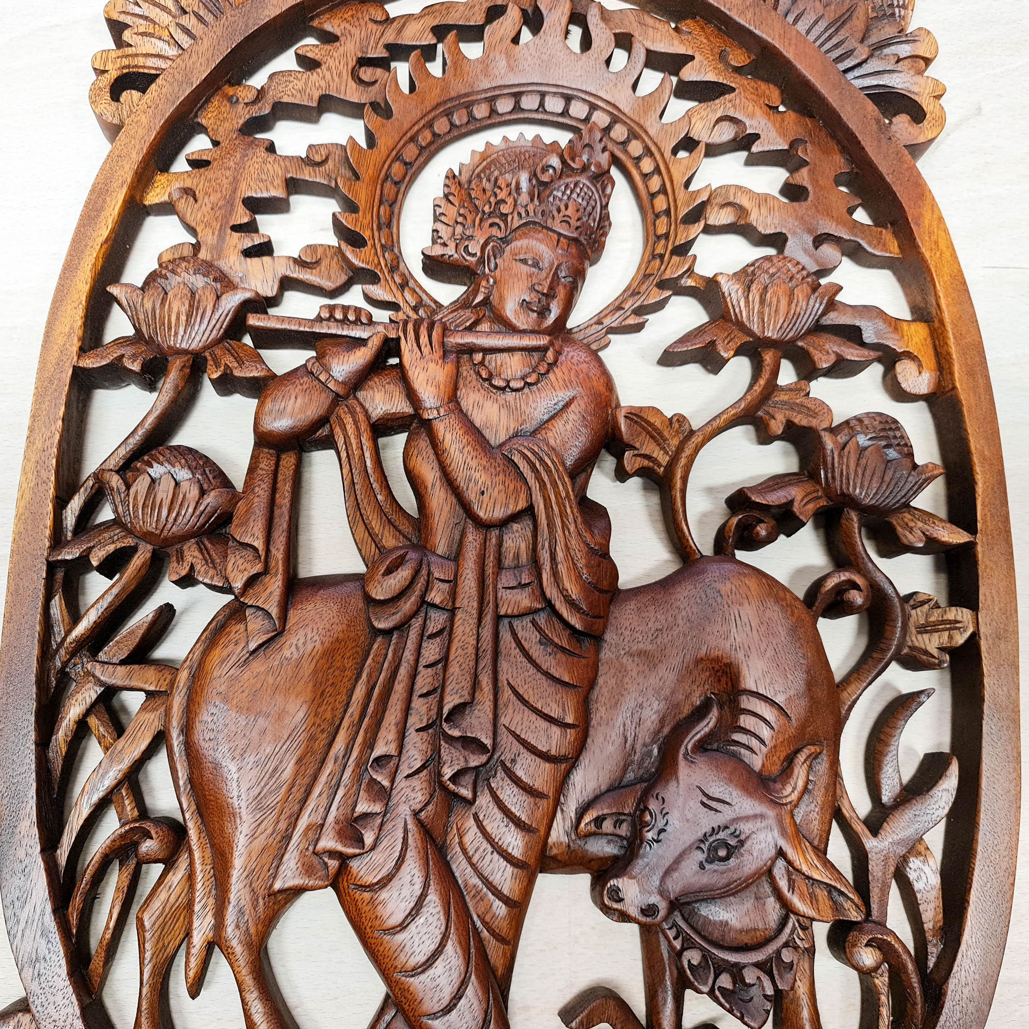 Hare Krishna Vrindavan Hindu Indian God Wood Carved Panel Mandir Pooja Temple Art Sculpture Décor
