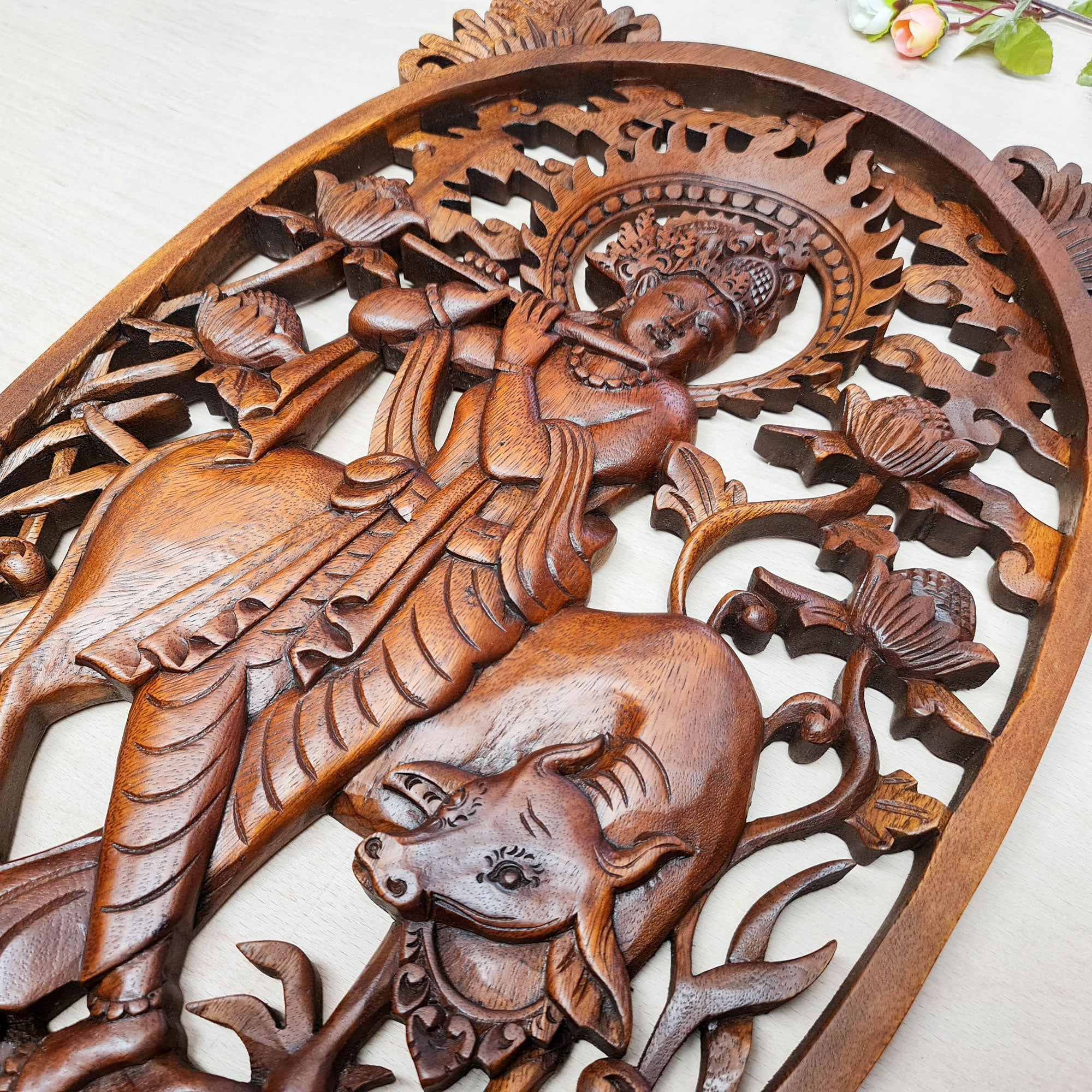 Hare Krishna Vrindavan Hindu Indian God Wood Carved Panel Mandir Pooja Temple Art Sculpture Décor