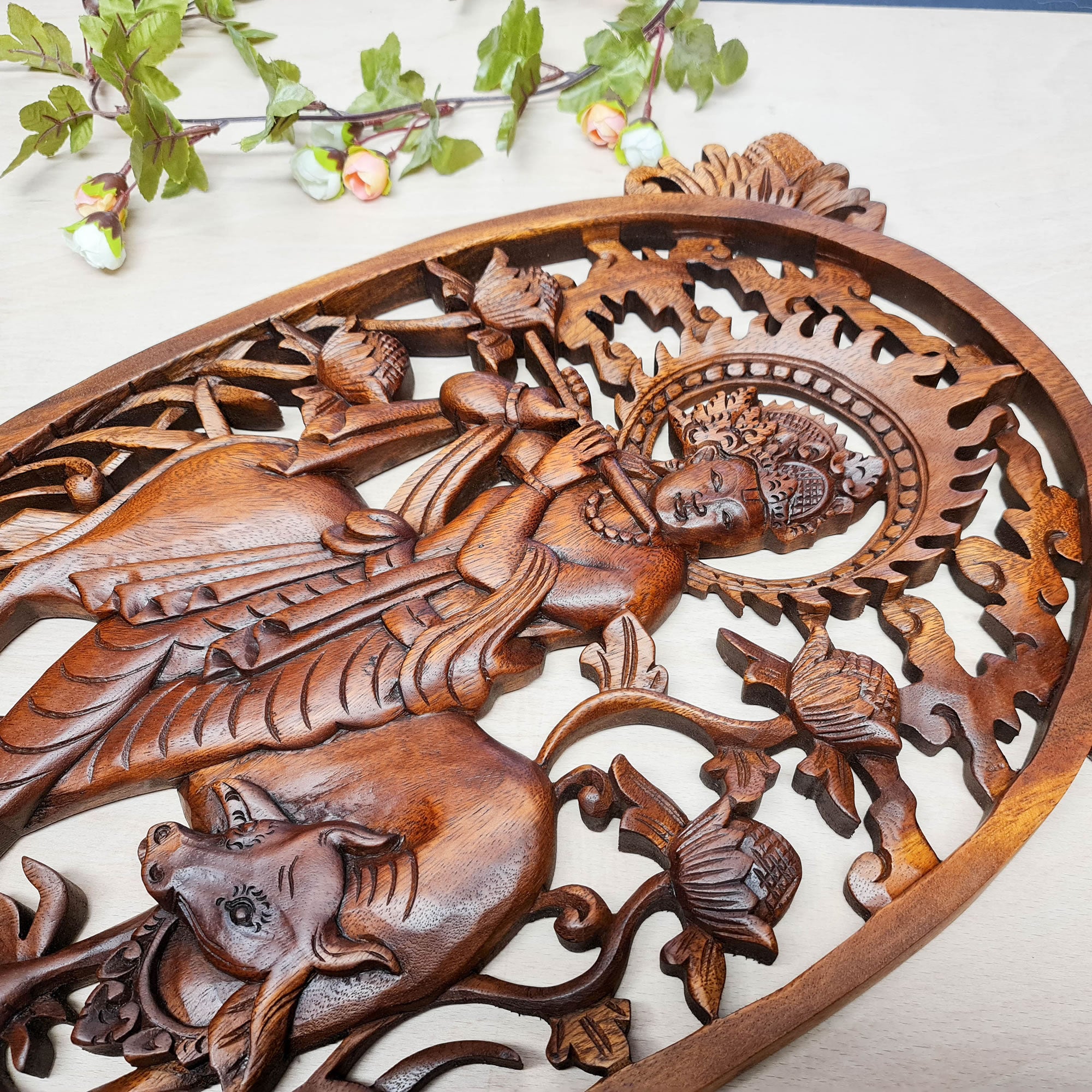 Hare Krishna Vrindavan Hindu Indian God Wood Carved Panel Mandir Pooja Temple Art Sculpture Décor