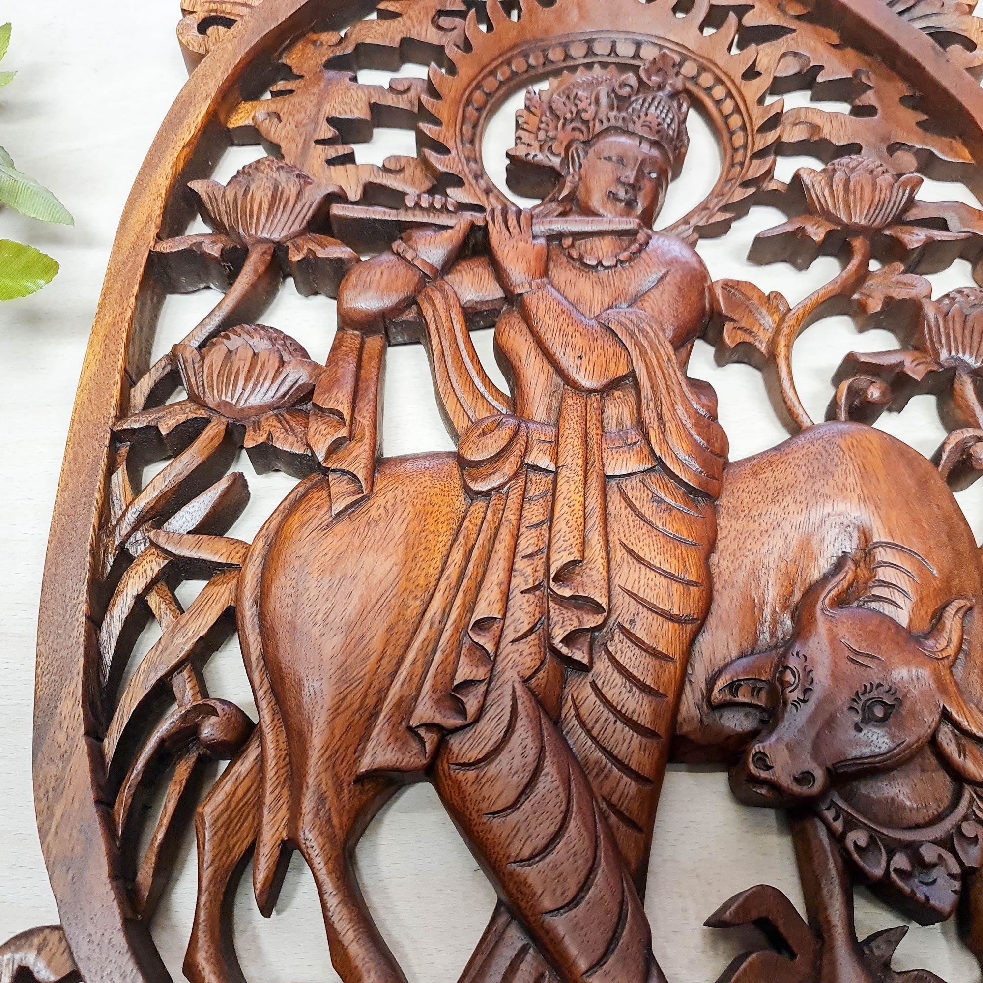 Hare Krishna Vrindavan Hindu Indian God Wood Carved Panel Mandir Pooja Temple Art Sculpture Décor