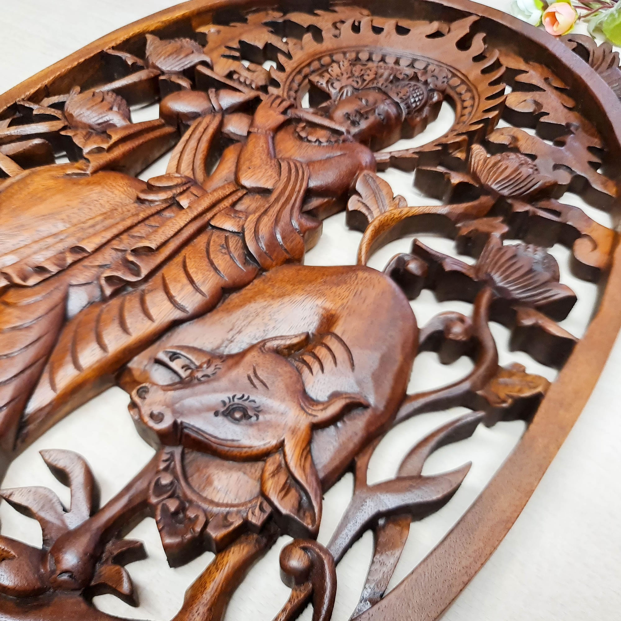 Hare Krishna Vrindavan Hindu Indian God Wood Carved Panel Mandir Pooja Temple Art Sculpture Décor