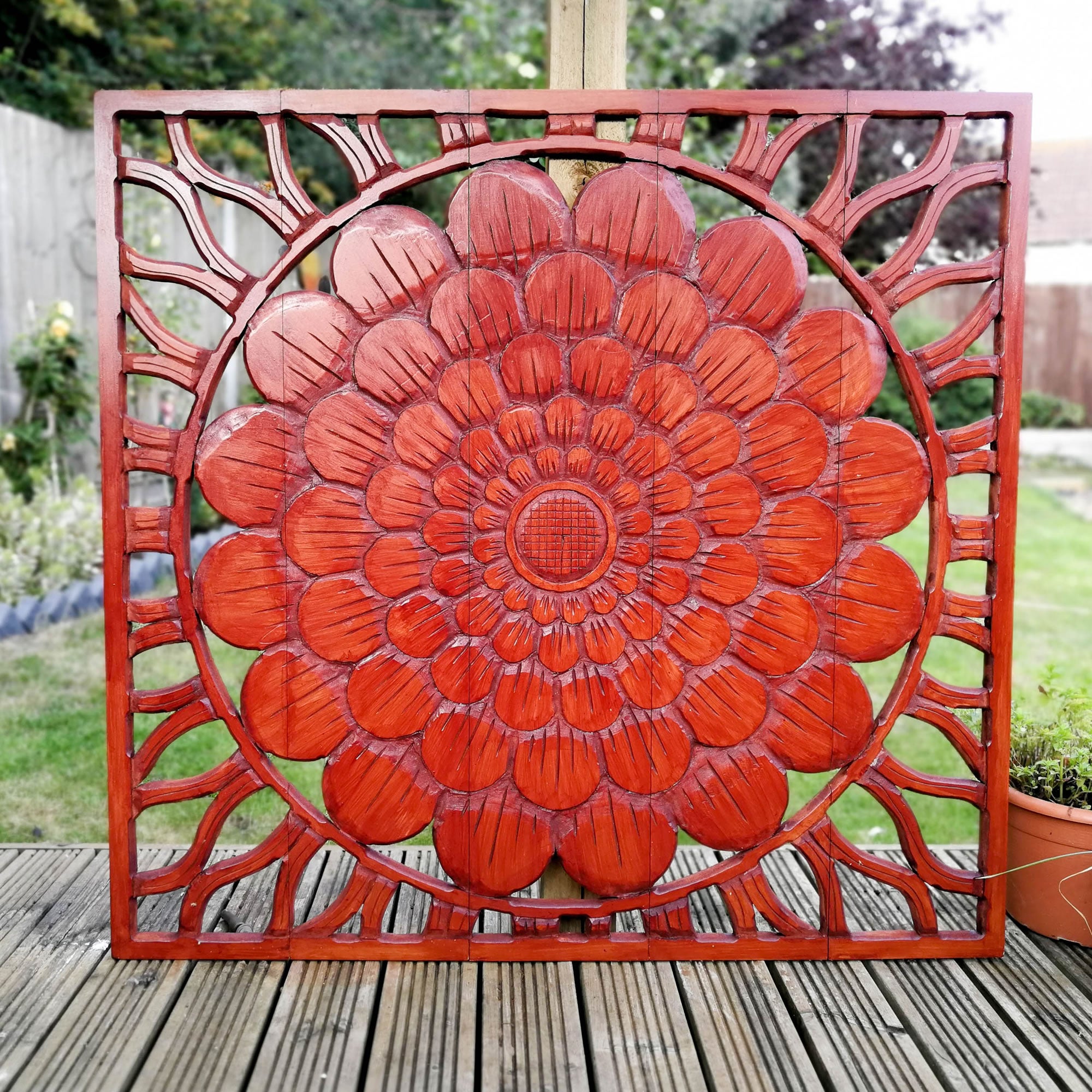 Art mural en bois sculpté - Grande sculpture décorative de tête de lit en acajou profond Lotus Nature Eco Panel 46 x 39,5 pouces