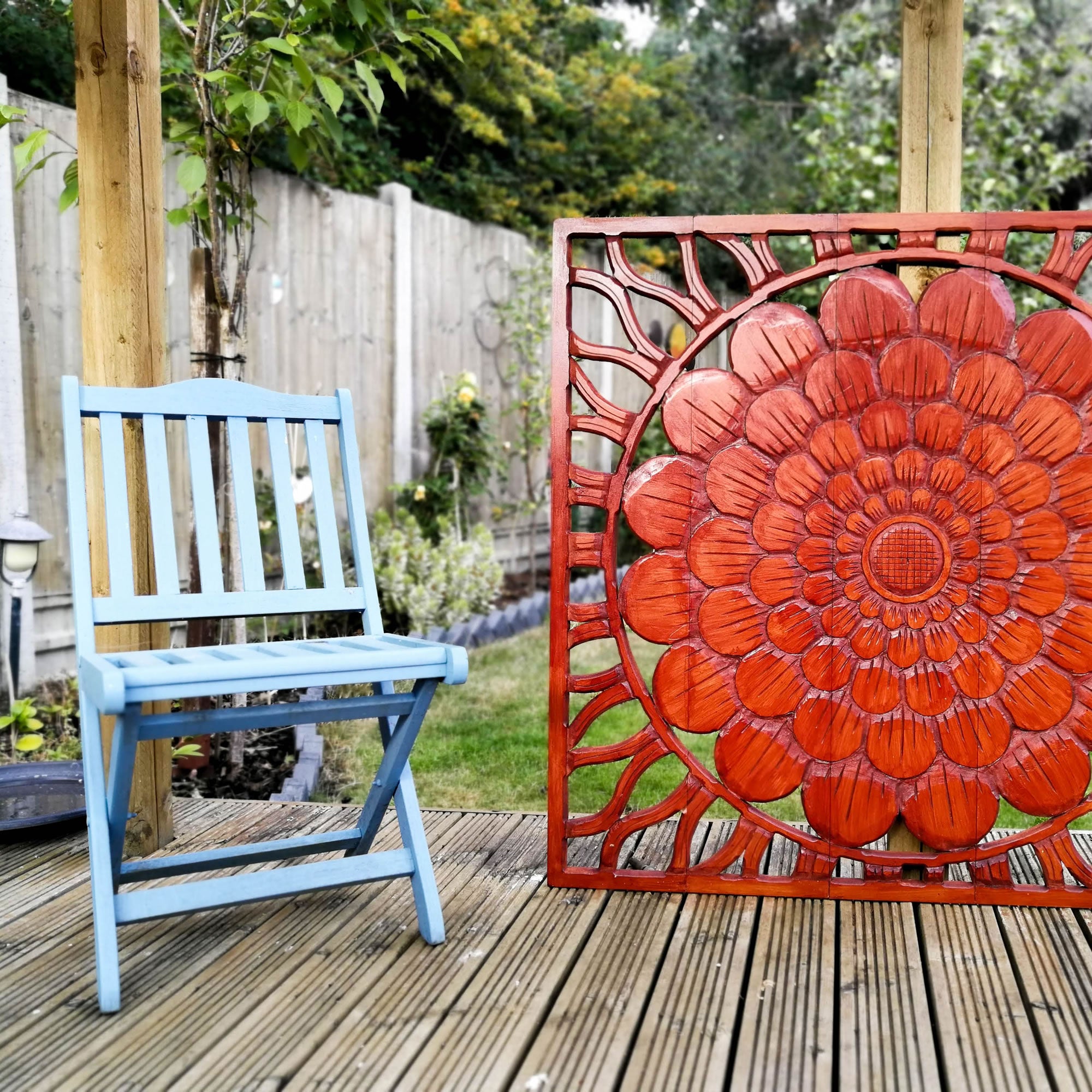 Art mural en bois sculpté - Grande sculpture décorative de tête de lit en acajou profond Lotus Nature Eco Panel 46 x 39,5 pouces