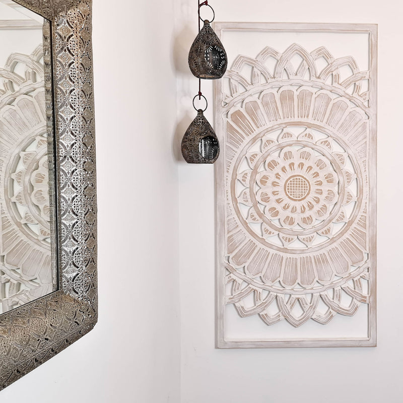 Hand Carved Painted Wooden Wall Art - Large Headboard Decorative Mandala Yoga Panel