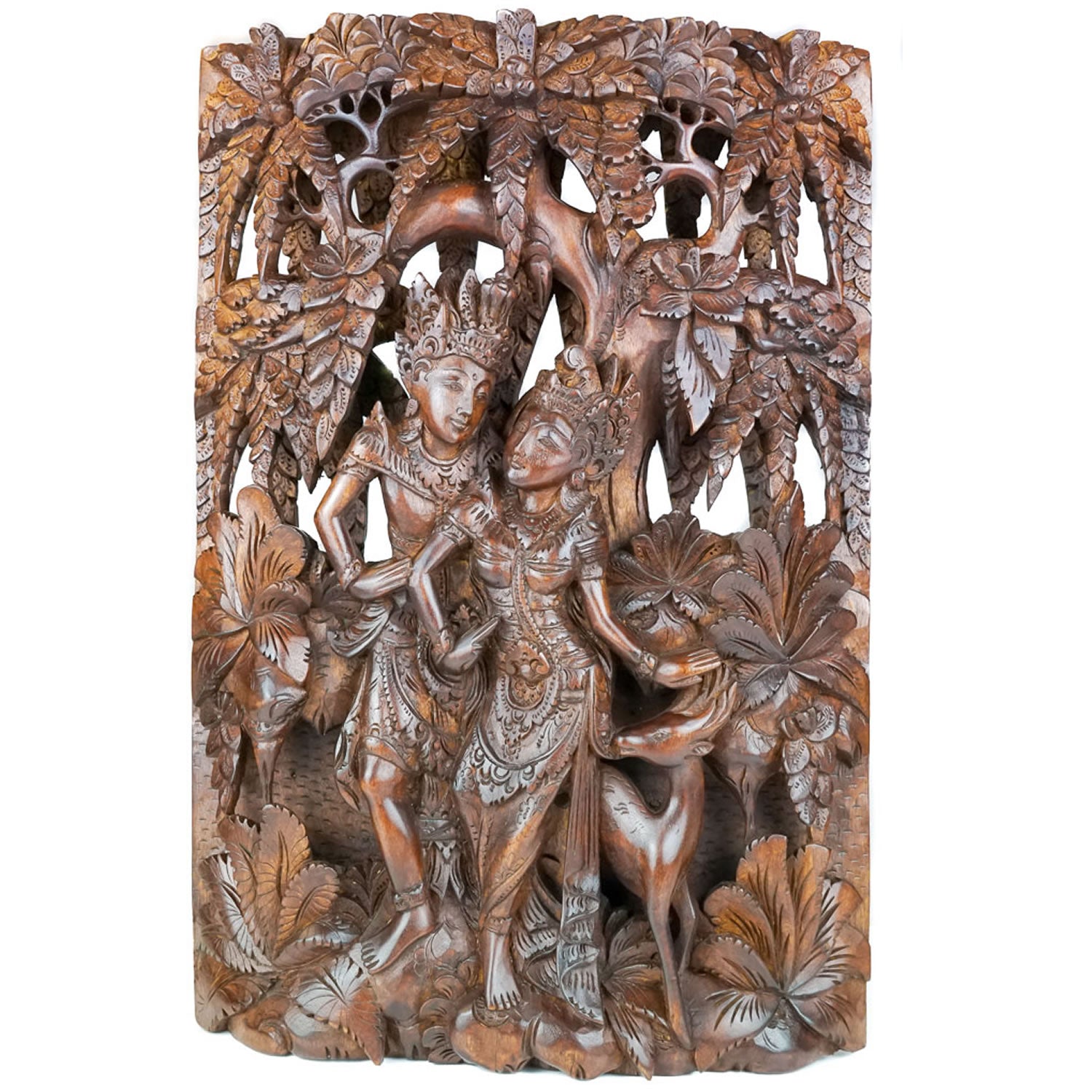 Radha Krishna Hand Carved Wood Panel - Easternada