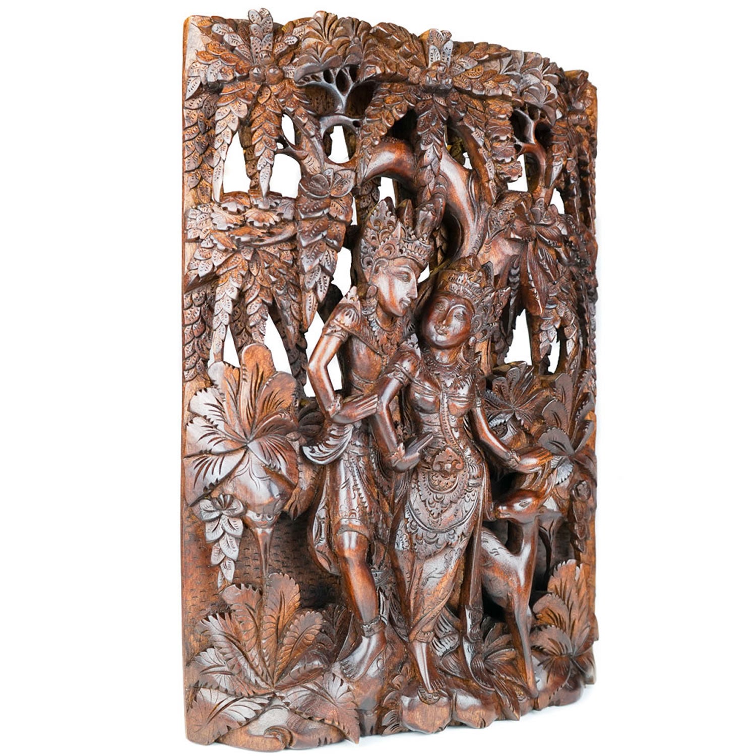 Radha Krishna Hand Carved Wood Panel - Easternada