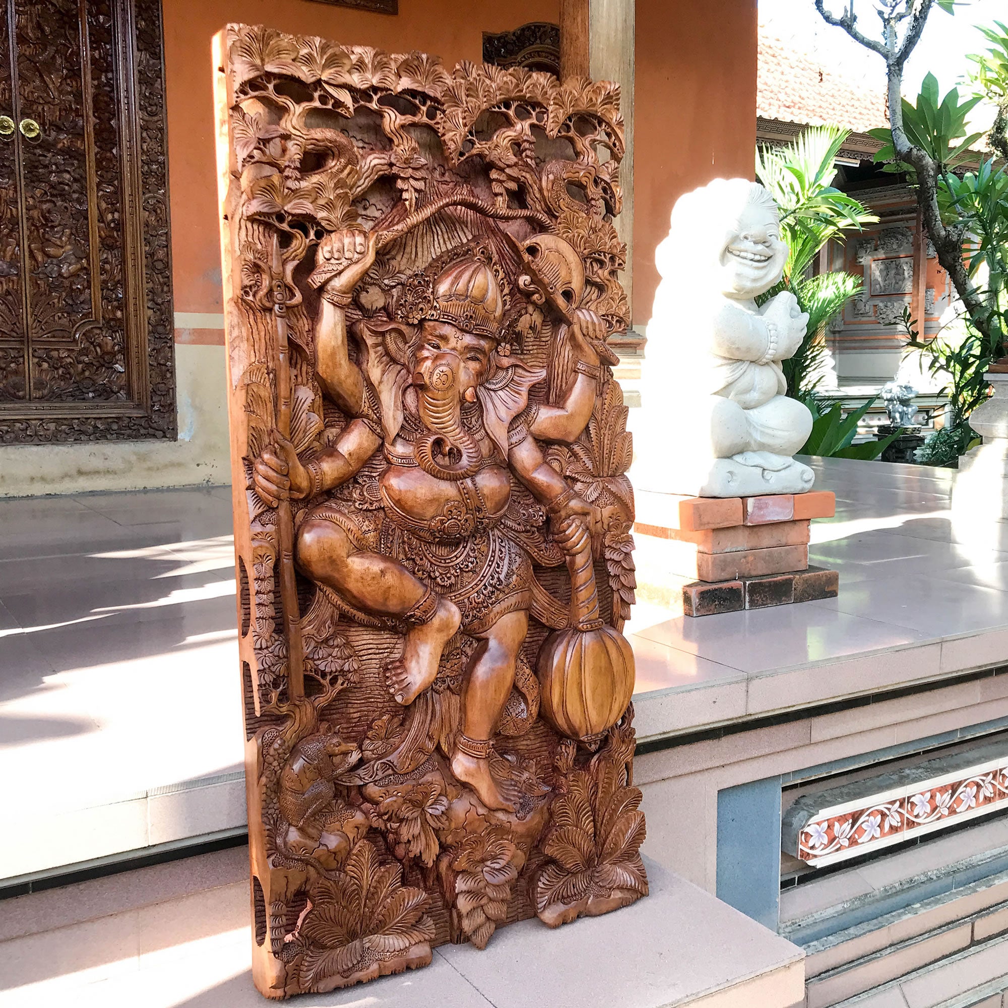 Hindu God Ganesha Hand-Carved Teakwood Decorative Sculpture Mandir Wall Art