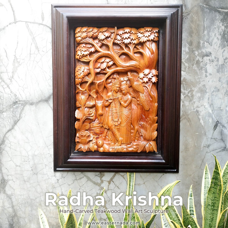 Hindu God Goddess Radha Krishna Vrindavan Framed Teakwood Decorative Pooja Mandir Wall Art. This stunning hardwood hand-carved is very desirable.