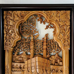 An ornate hand-carved wooden wall art piece depicting a mosque and Kaaba with intricate Arabic calligraphy, Islamic Muslim Hajj Kaaba Teakwood Hand-Carved Sculpture Wall Art Interior Display 