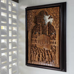 A large, intricately carved wooden wall art piece depicting Islamic Muslim Hajj Kaaba Teakwood Hand-Carved Sculpture Wall Art Interior Display 