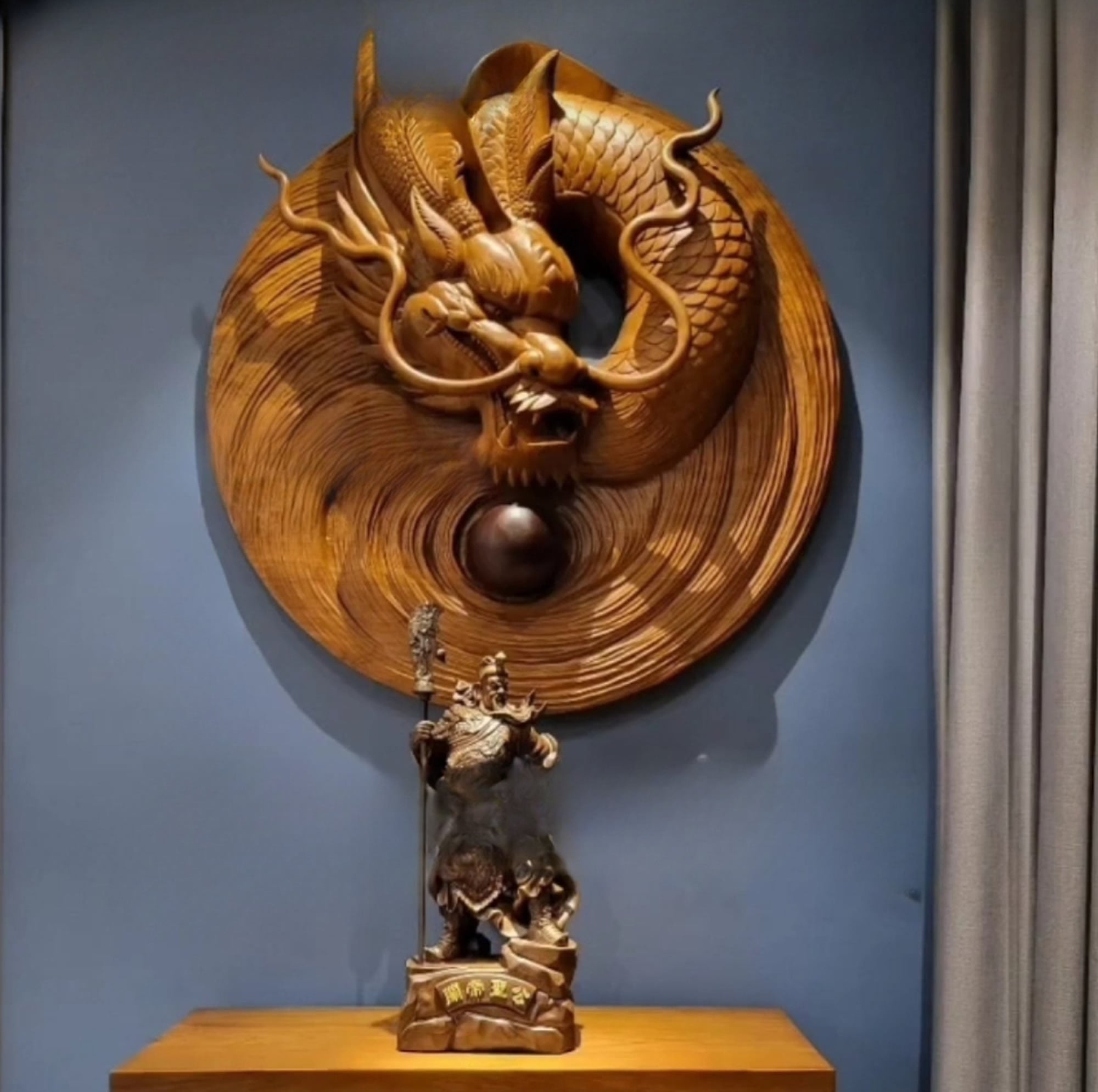 This is a rare and unique hand-carved Chinese Dragon Ball decorative wall art sculpture. Handcrafted from a single piece of solid teakwood this is a true timeless masterpiece. This will undoubtedly add elegance, style, and a focal point to any room. With intricate detail and beauty, it draws attention. 