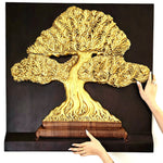Large 90cm square hand-carved teakwood Bonsai Tree of Life; gold-painted tree on dark mahogany wood background.