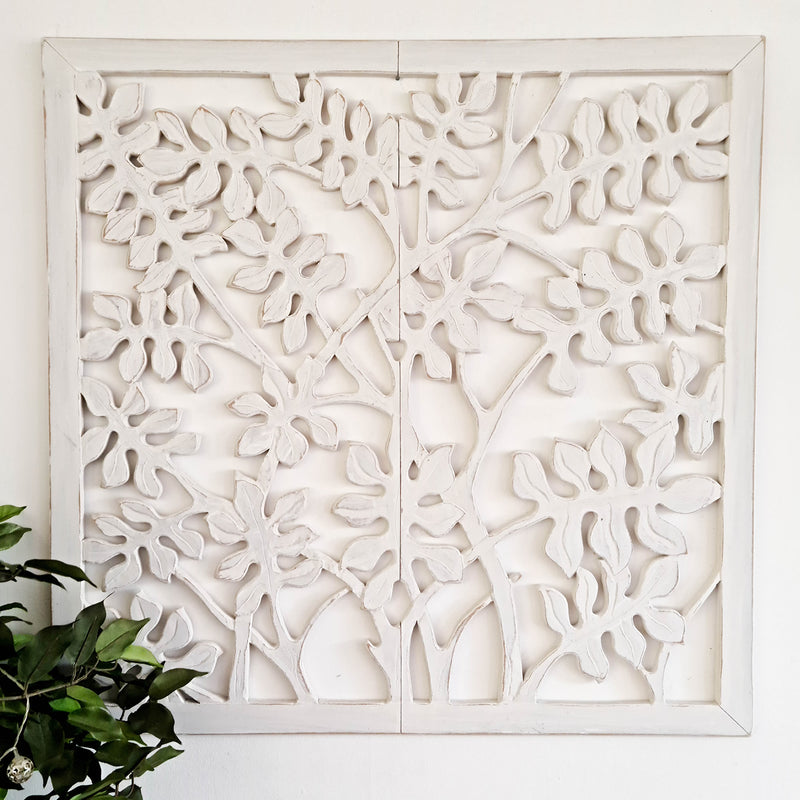 Hand Carved Tree of Life Wooden Sculpture Wall Art Hanging - Distressed Rustic White Shabby Chic Bohemian Boho Style Unique Gift.
