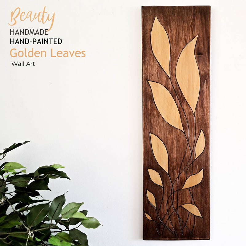 Golden Leaves Long - Handmade Carved Wooden Wall Art Gift