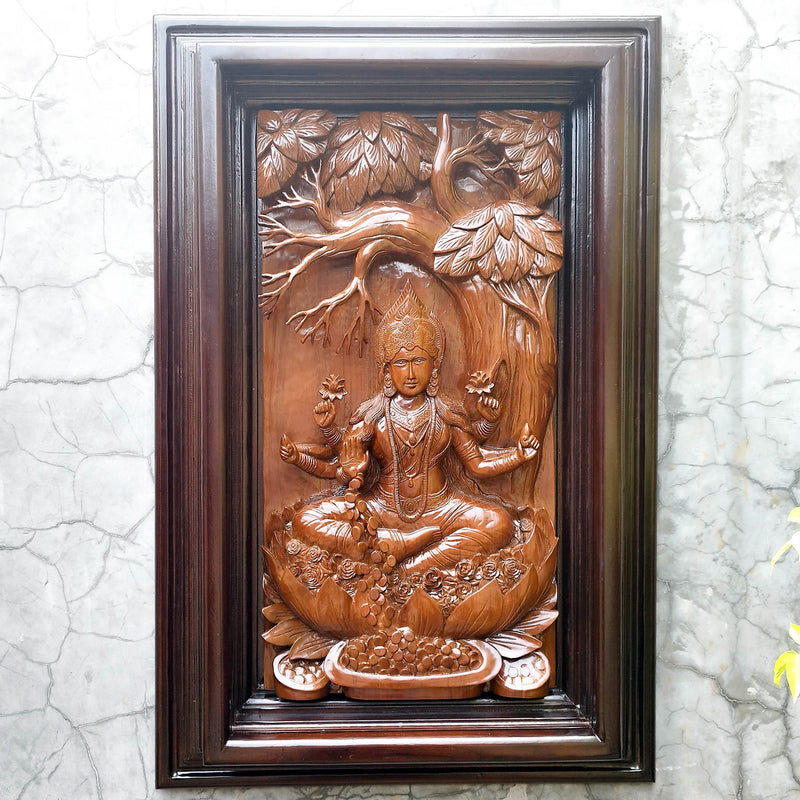 Hindu Goddess Laxmi Hand-Carved Teakwood Decorative Sculpture Mandir Wall Art