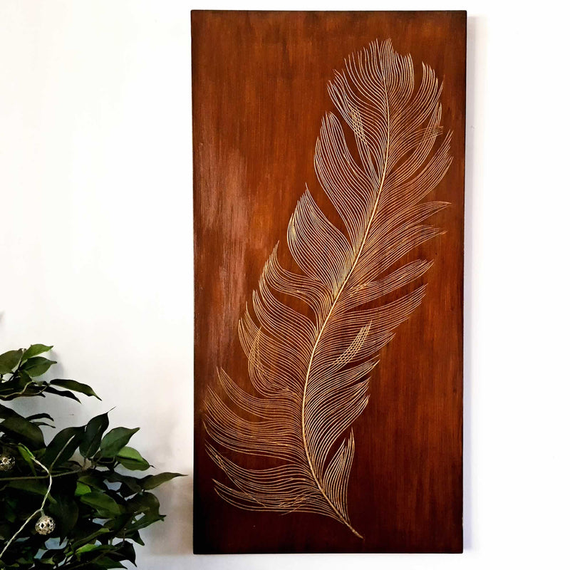Golden Feather - Hand Carved Wooden Decorative Wall Art Sculpture Bohemian Wall Room Hanging Decor Easternada