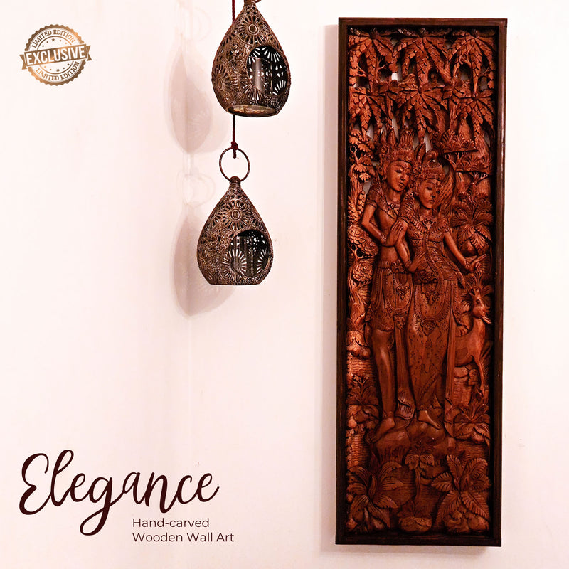 Ram Sita Hindu God Mandir - Hand Carved Teakwood Decorative Long Wall Art Sculpture