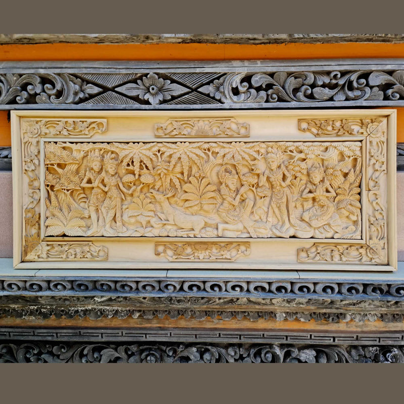 Large horizontal hand-carved teakwood relief of Ram and Sita; monumental 3D Hindu spiritual wall art.