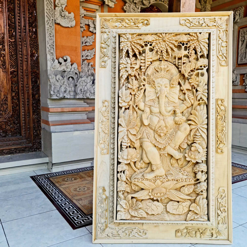 Hand Carved Teakwood Decorative Wall Art Sculpture Ganesha Ganapati Hindu Mandir easternada
