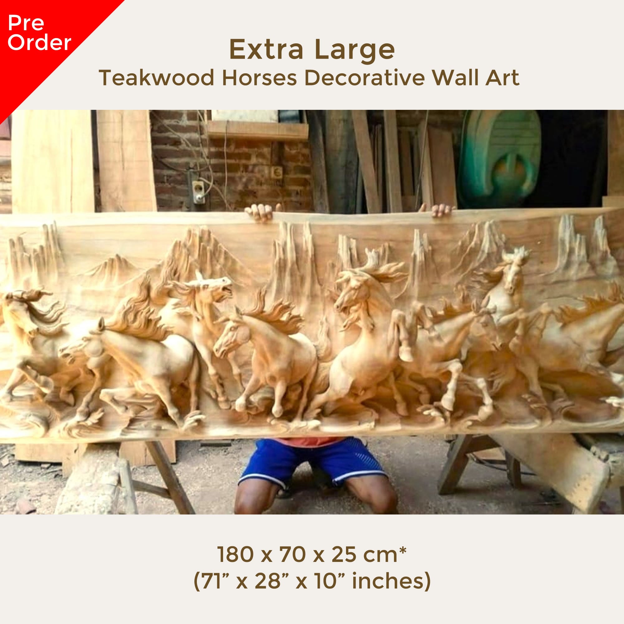 Extra large king-size teakwood hand-carved running wild horses sculpture art for a perfect backdrop in any room, hallway or as a headboard.