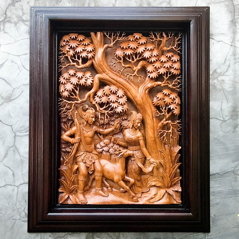 Hand Carved Teakwood Decorative Wall Art Sculpture Ram Sita Hindu Mandir