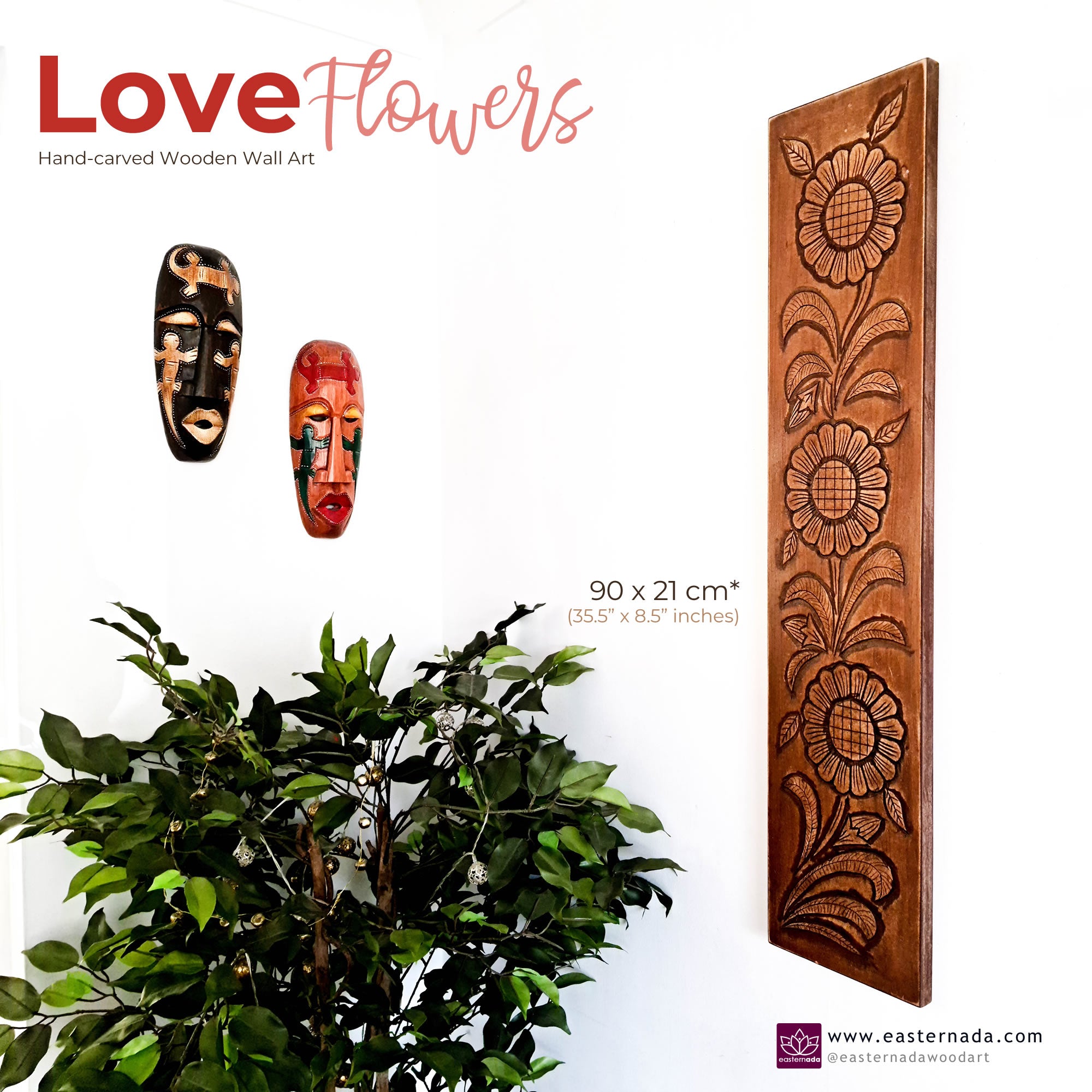 Love Flowers Long Large Hand-carved Room Decorative Wall Art - Garden Antique Style Distressed Hanging Unique Gift