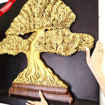Large 90cm square hand-carved teakwood Bonsai Tree of Life; gold-painted tree on dark mahogany wood background.